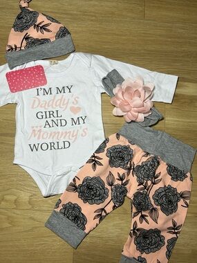 Source Unknown Pink Peach Gray Floral Baby Matching Set